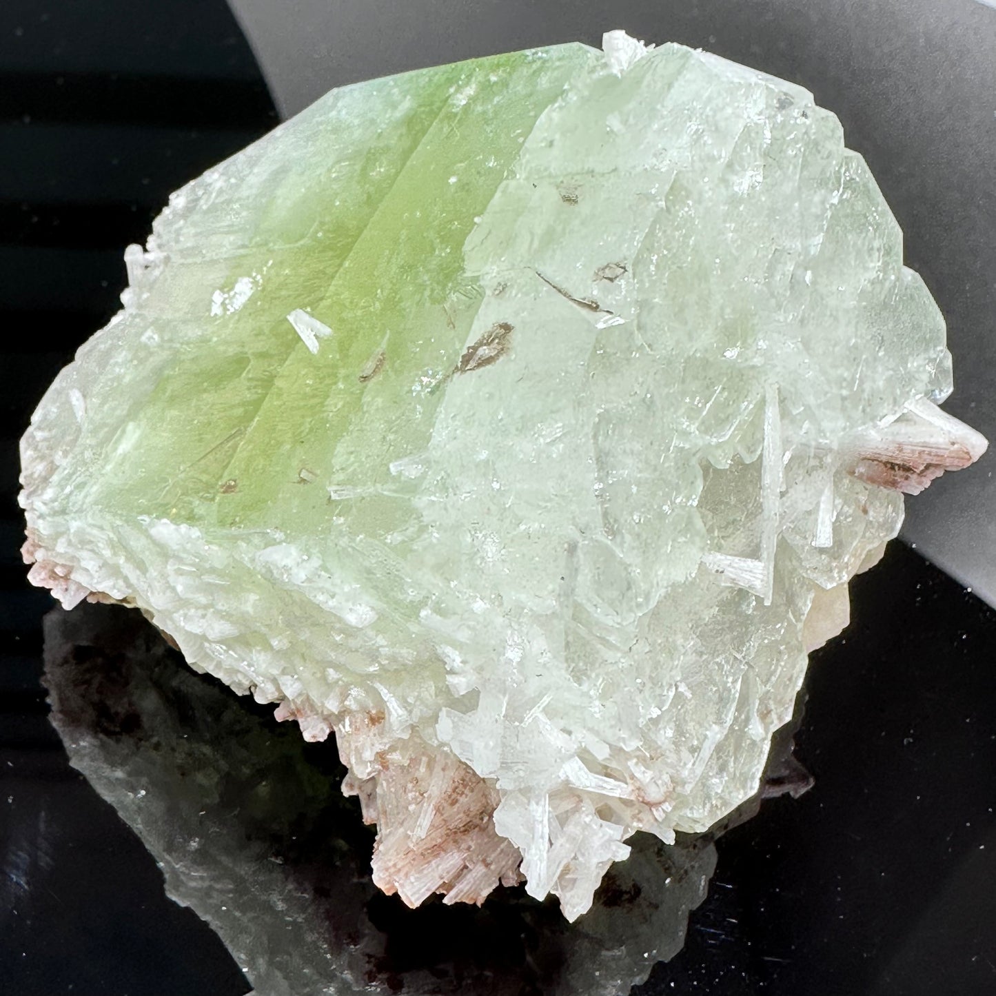 Green and pink apophyllite with calcite specimen
