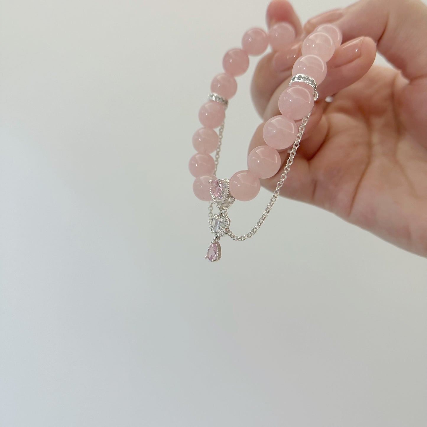 Rococo Diamond Heart Charm Natural  Rose Quartz Bracelet 10mm 5A quality