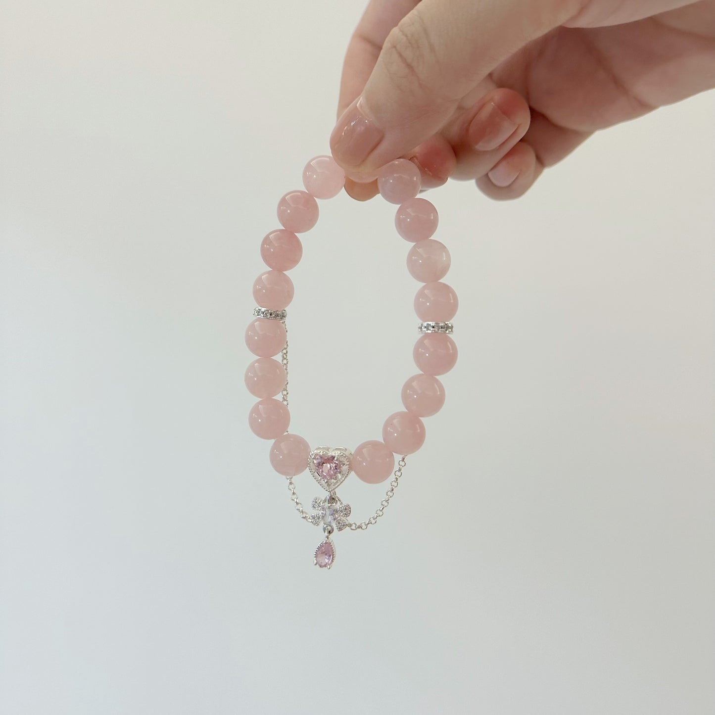 Rococo Diamond Heart Charm Natural  Rose Quartz Bracelet 10mm 5A quality