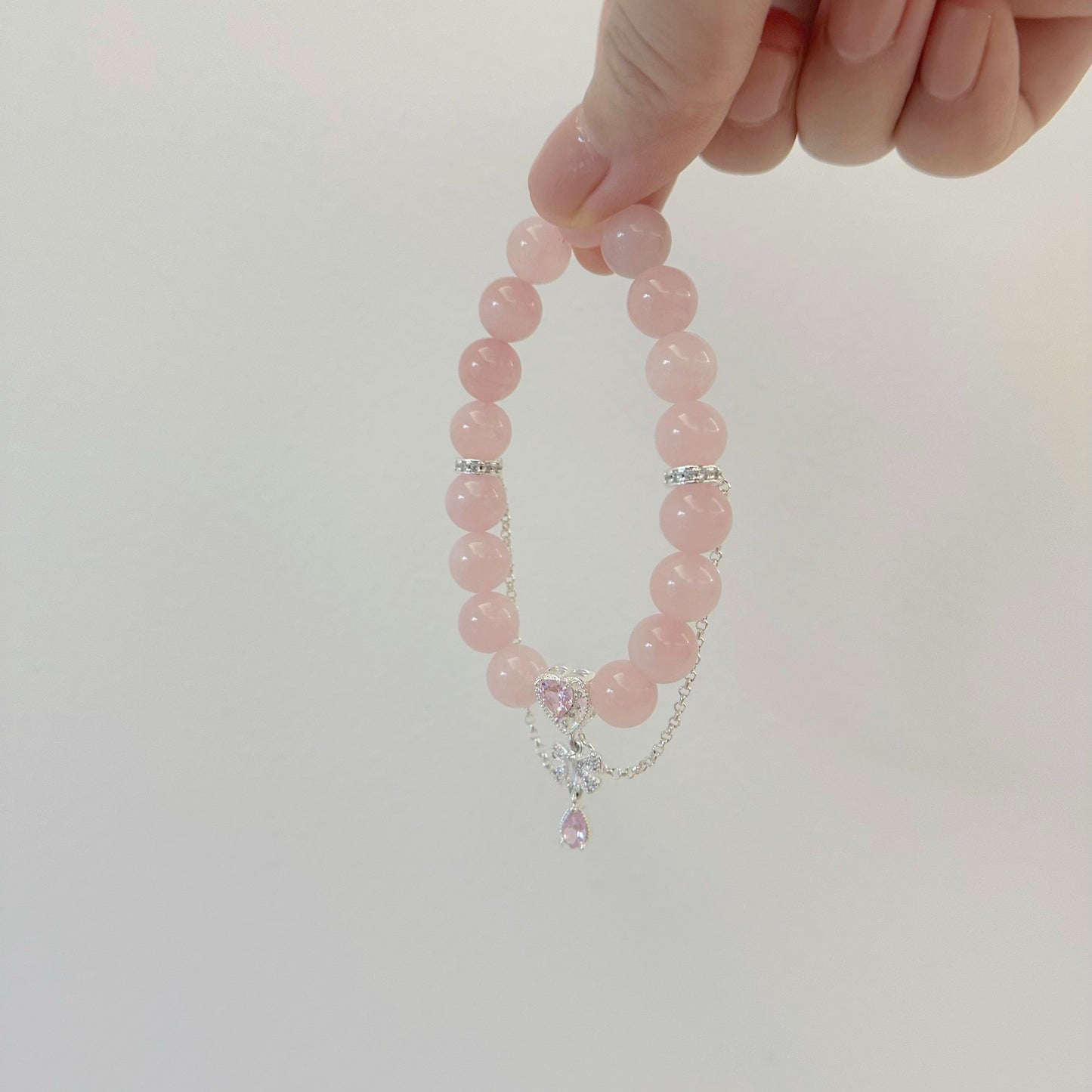Rococo Diamond Heart Charm Natural  Rose Quartz Bracelet 10mm 5A quality