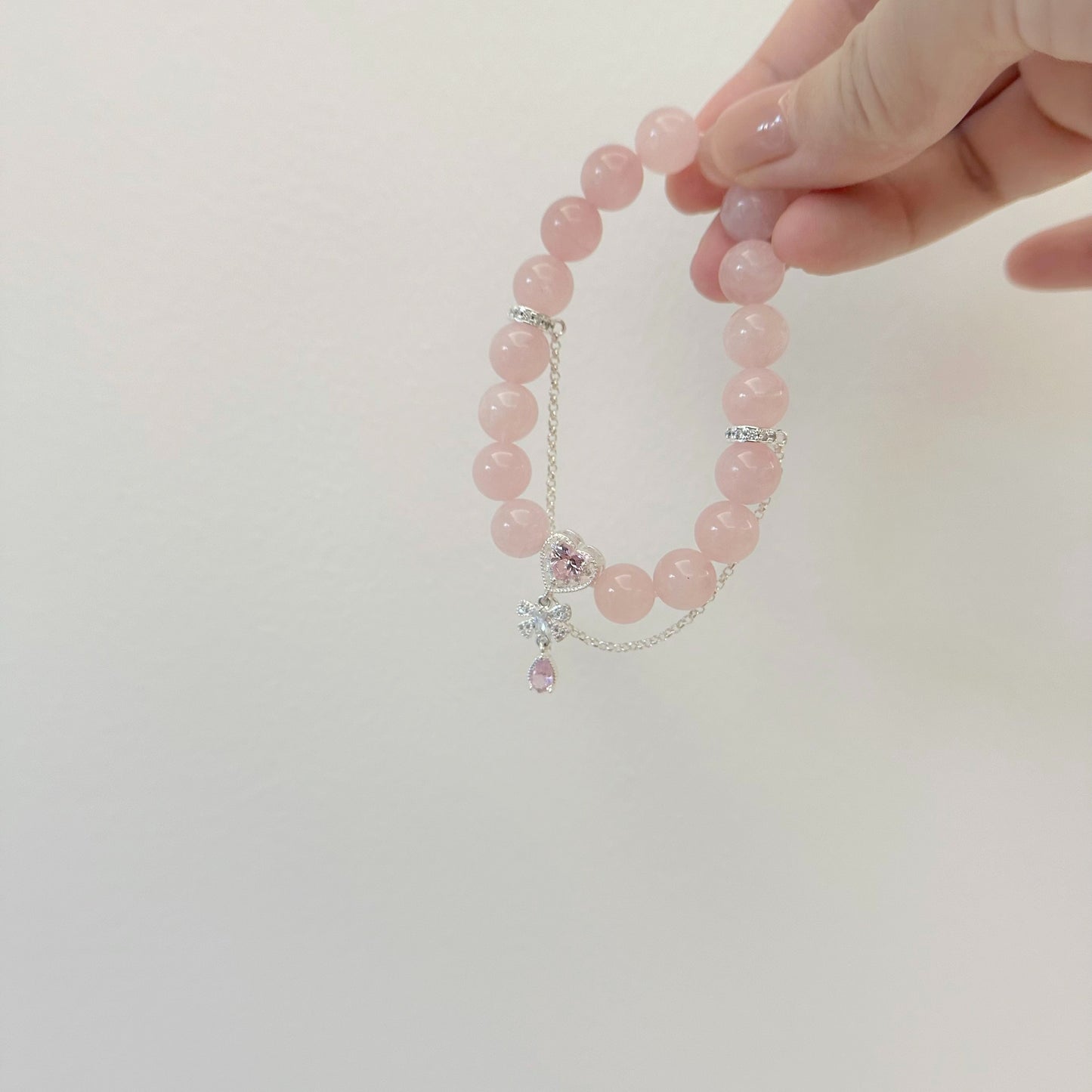 Rococo Diamond Heart Charm Natural  Rose Quartz Bracelet 10mm 5A quality