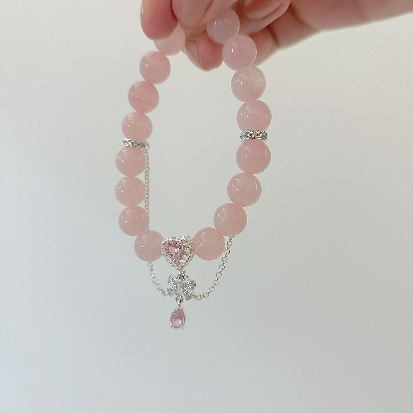 Rococo Diamond Heart Charm Natural  Rose Quartz Bracelet 10mm 5A quality