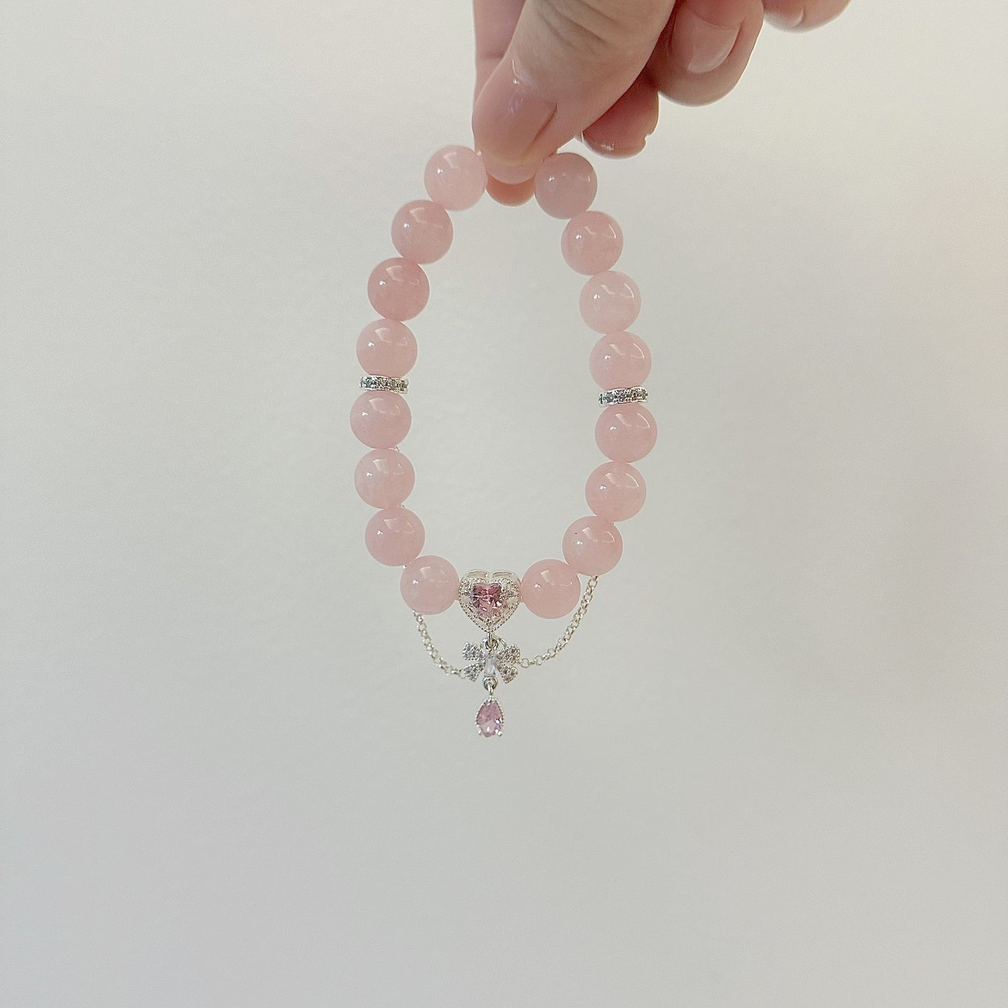 Rococo Diamond Heart Charm Natural  Rose Quartz Bracelet 10mm 5A quality