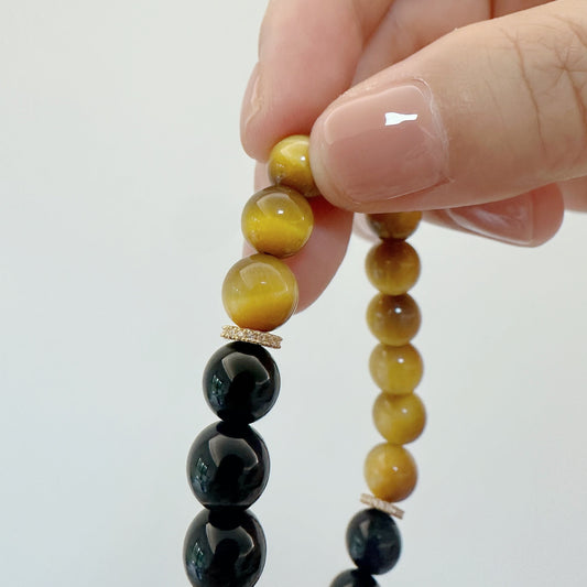 [Power Blend Bracelet] Golden Tiger’s Eye and Black Obsidian, 24K gold plated on silver