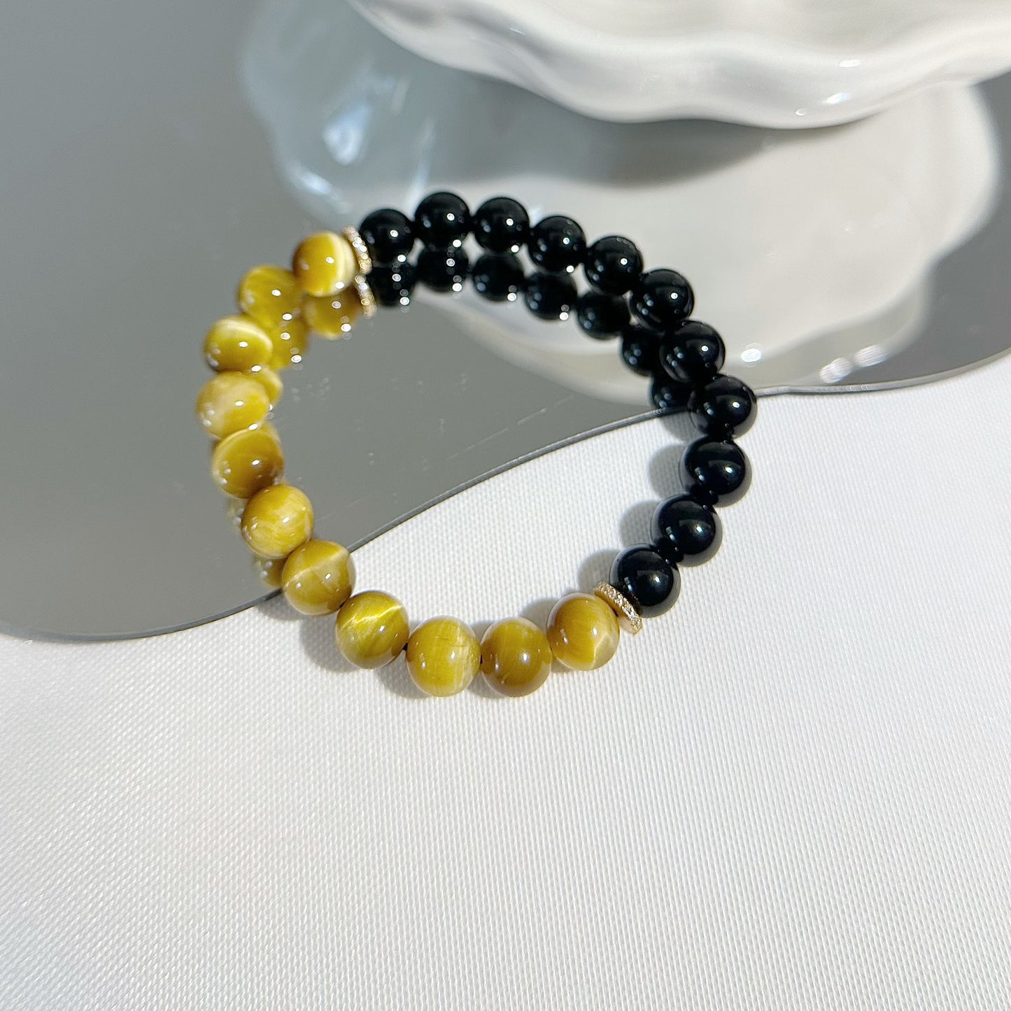 [Power Blend Bracelet] Golden Tiger’s Eye and Black Obsidian, 24K gold plated on silver