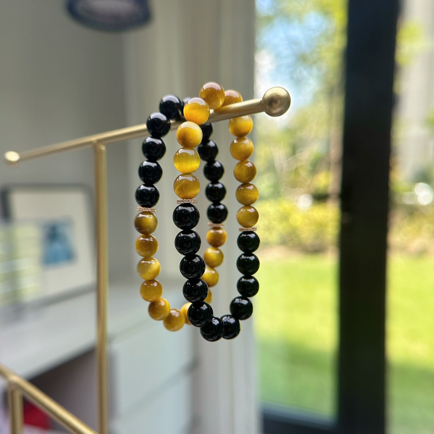 [Power Blend Bracelet] Golden Tiger’s Eye and Black Obsidian, 24K gold plated on silver