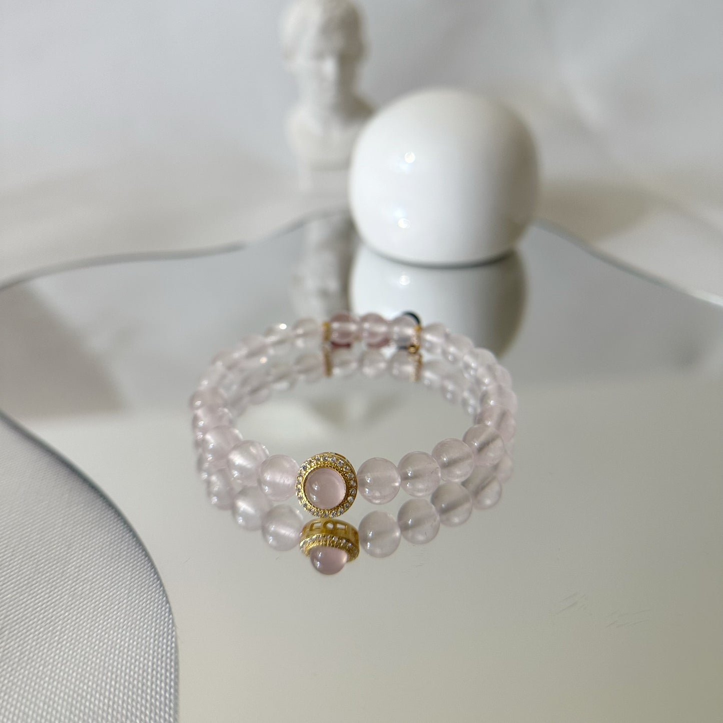 [Trinity of Love Fantasia] Rose Quartz Bracelet with Pink Chalcedony Pendant and Rainbow Tourmaline Extender Chain, 24K gold plated on S925 silver