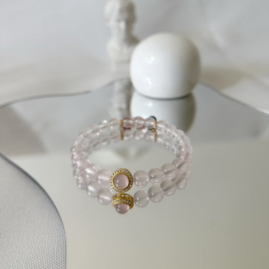 [Trinity of Love Fantasia] Rose Quartz Bracelet with Pink Chalcedony Pendant and Rainbow Tourmaline Extender Chain, 24K gold plated on S925 silver