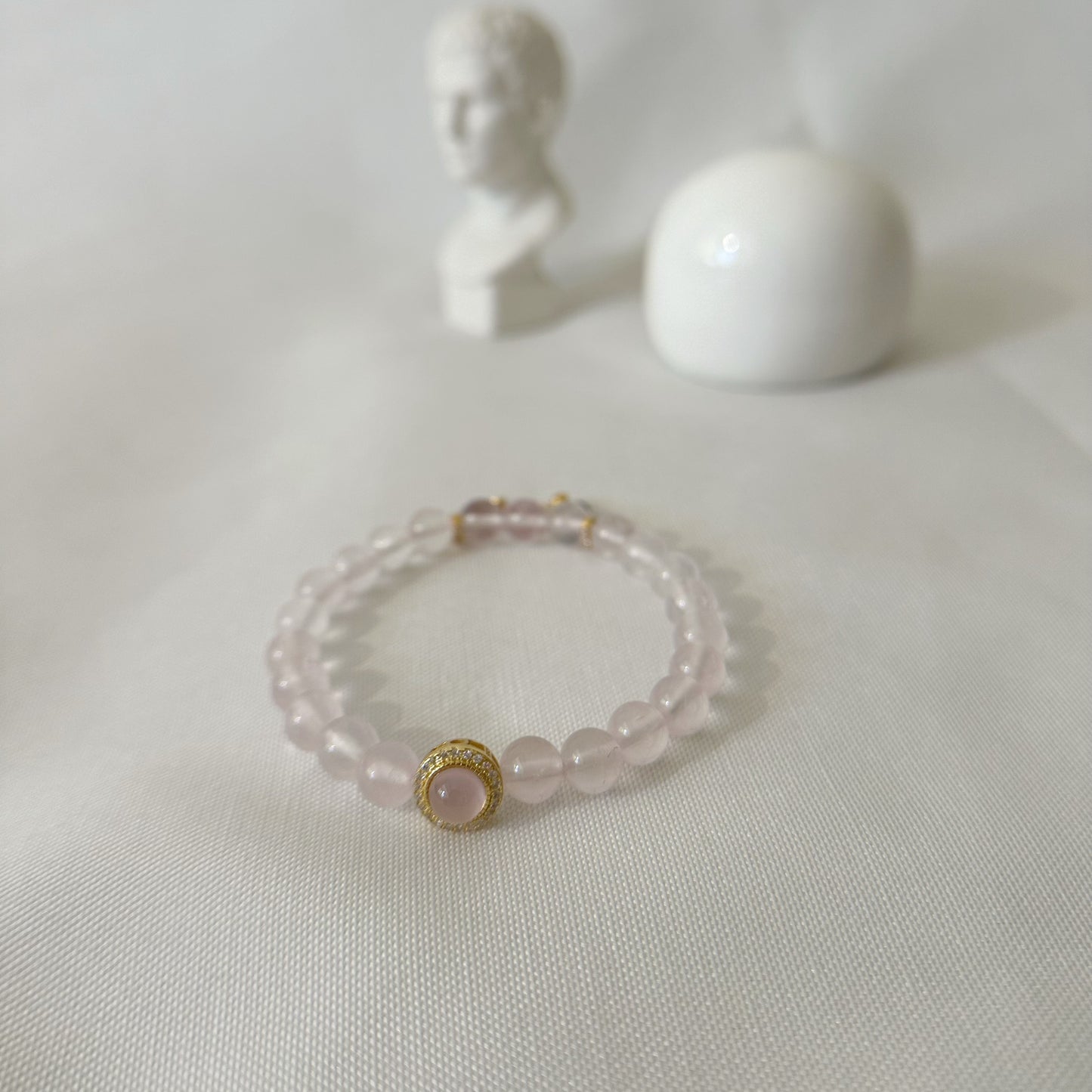 [Trinity of Love Fantasia] Rose Quartz Bracelet with Pink Chalcedony Pendant and Rainbow Tourmaline Extender Chain, 24K gold plated on S925 silver