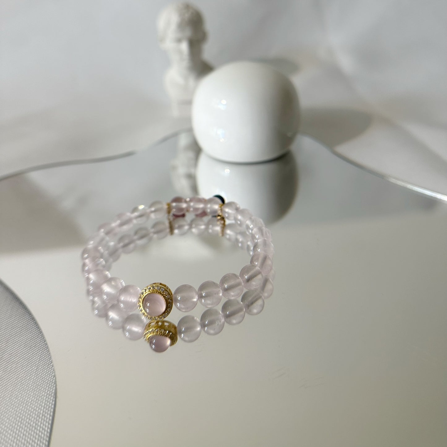 [Trinity of Love Fantasia] Rose Quartz Bracelet with Pink Chalcedony Pendant and Rainbow Tourmaline Extender Chain, 24K gold plated on S925 silver