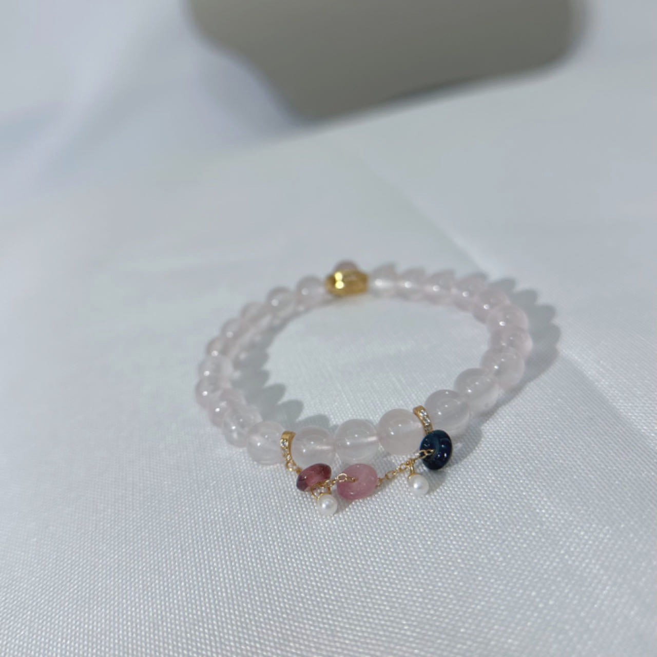 [Trinity of Love Fantasia] Rose Quartz Bracelet with Pink Chalcedony Pendant and Rainbow Tourmaline Extender Chain, 24K gold plated on S925 silver
