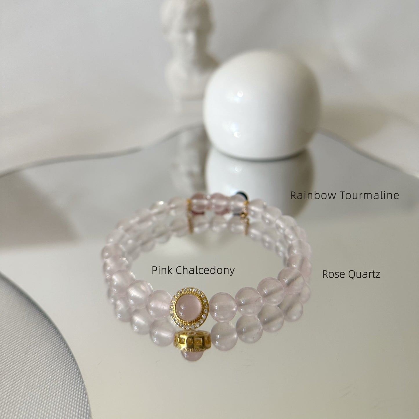 [Trinity of Love Fantasia] Rose Quartz Bracelet with Pink Chalcedony Pendant and Rainbow Tourmaline Extender Chain, 24K gold plated on S925 silver