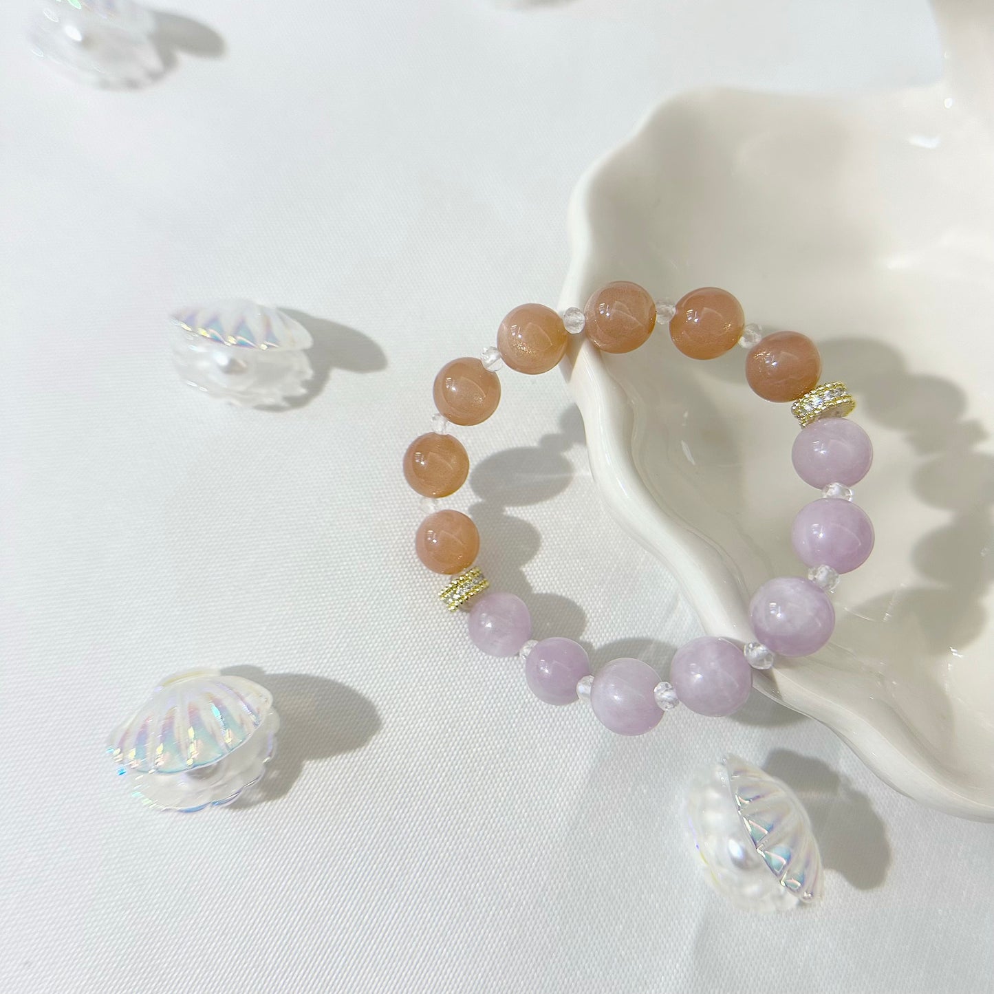 [Modern Design] Peach Moonstone and Kunzite 10mm Crystal Bracelet