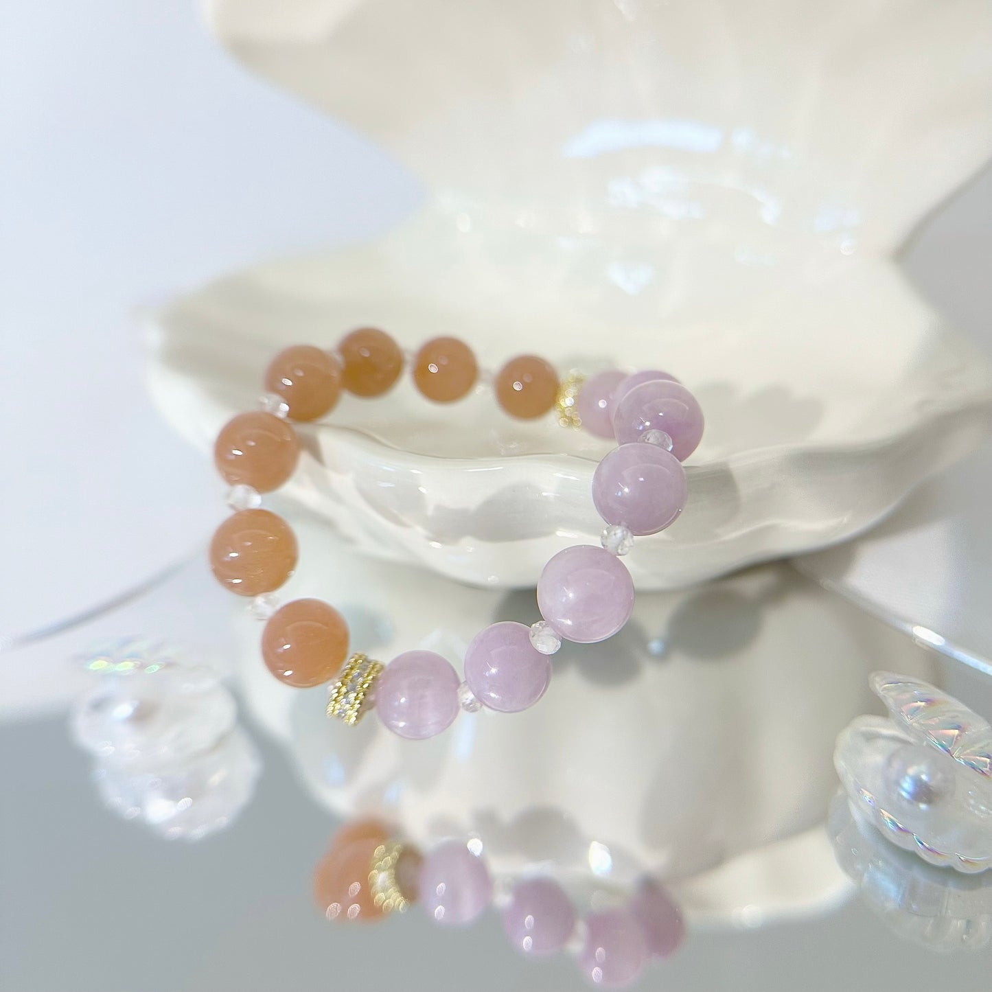 [Modern Design] Peach Moonstone and Kunzite 10mm Crystal Bracelet