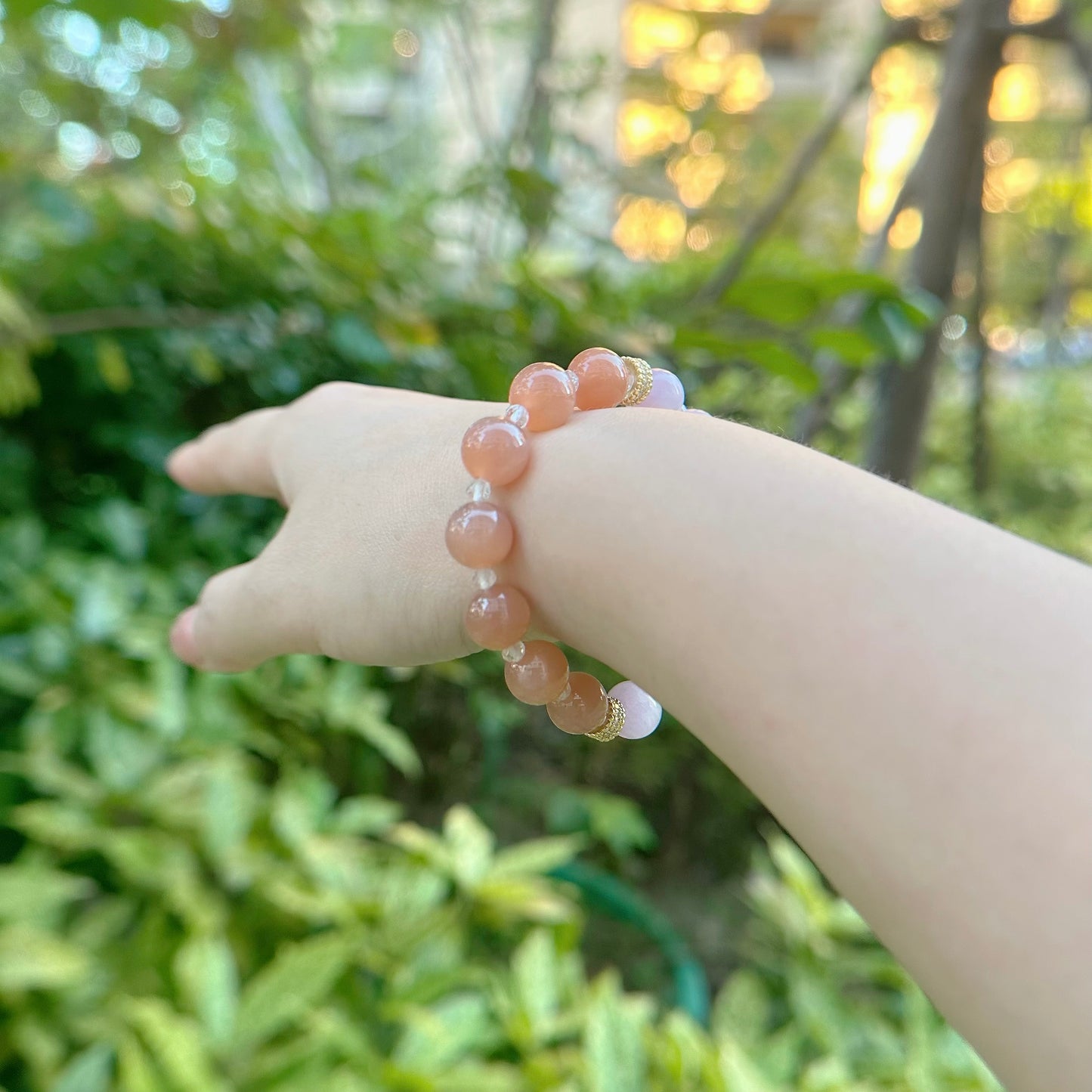 [Modern Design] Peach Moonstone and Kunzite 10mm Crystal Bracelet