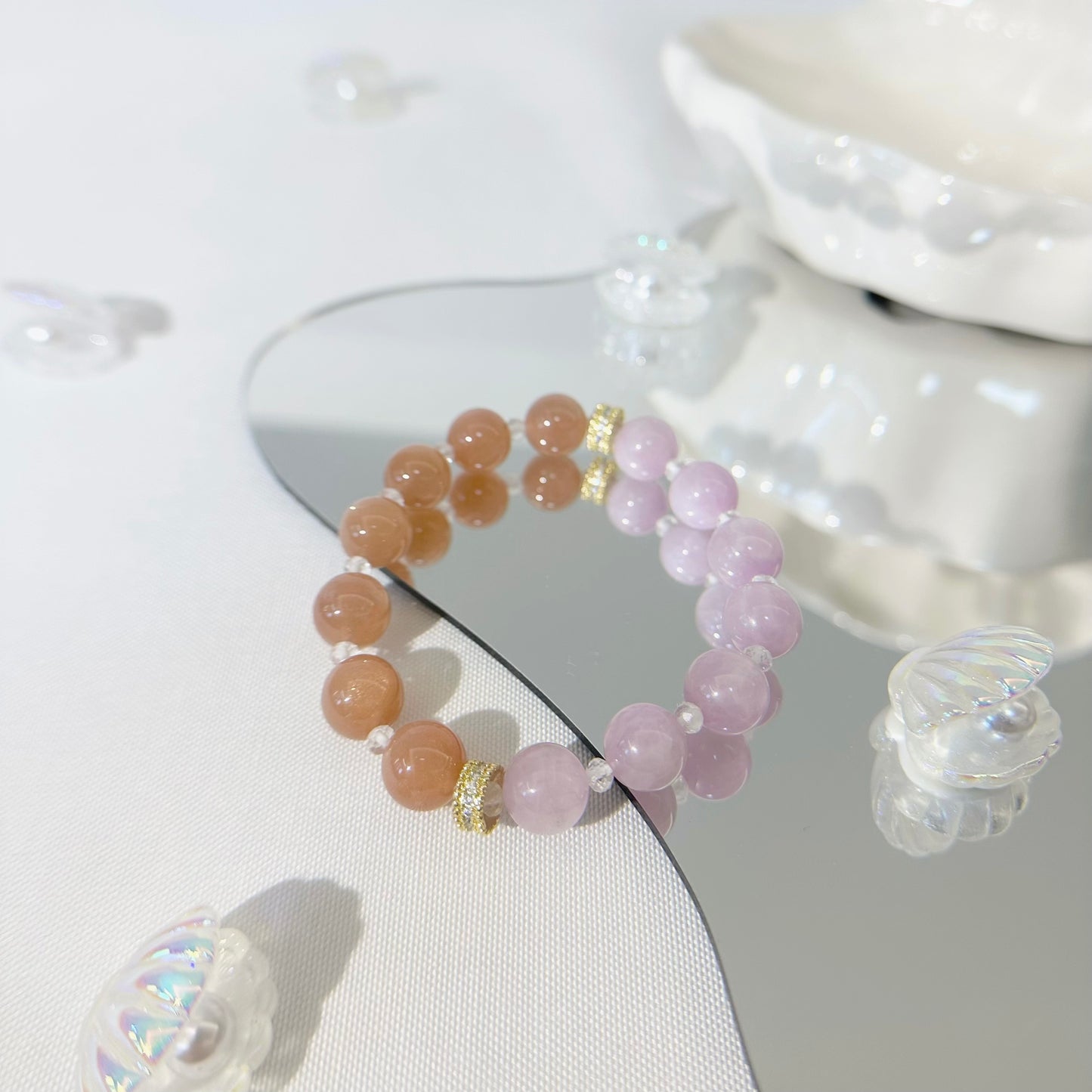 [Modern Design] Peach Moonstone and Kunzite 10mm Crystal Bracelet