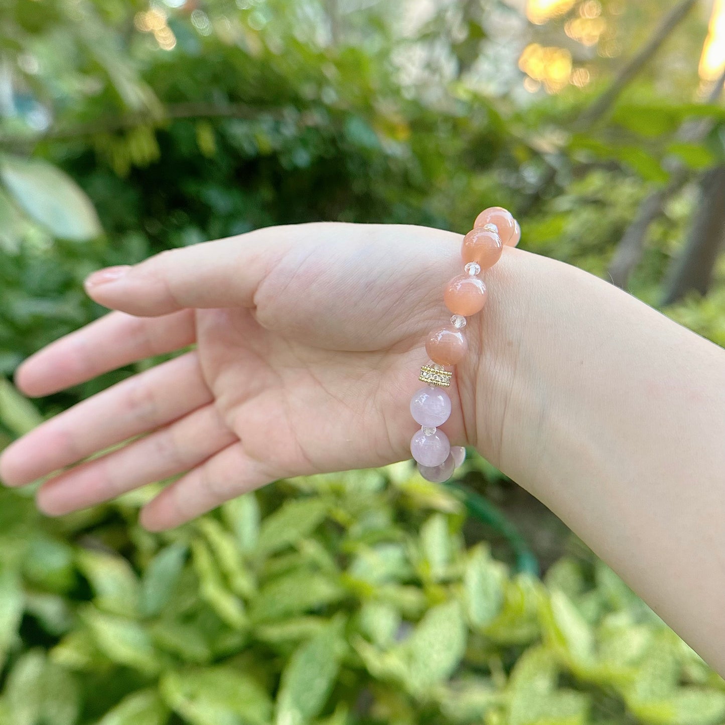 [Modern Design] Peach Moonstone and Kunzite 10mm Crystal Bracelet