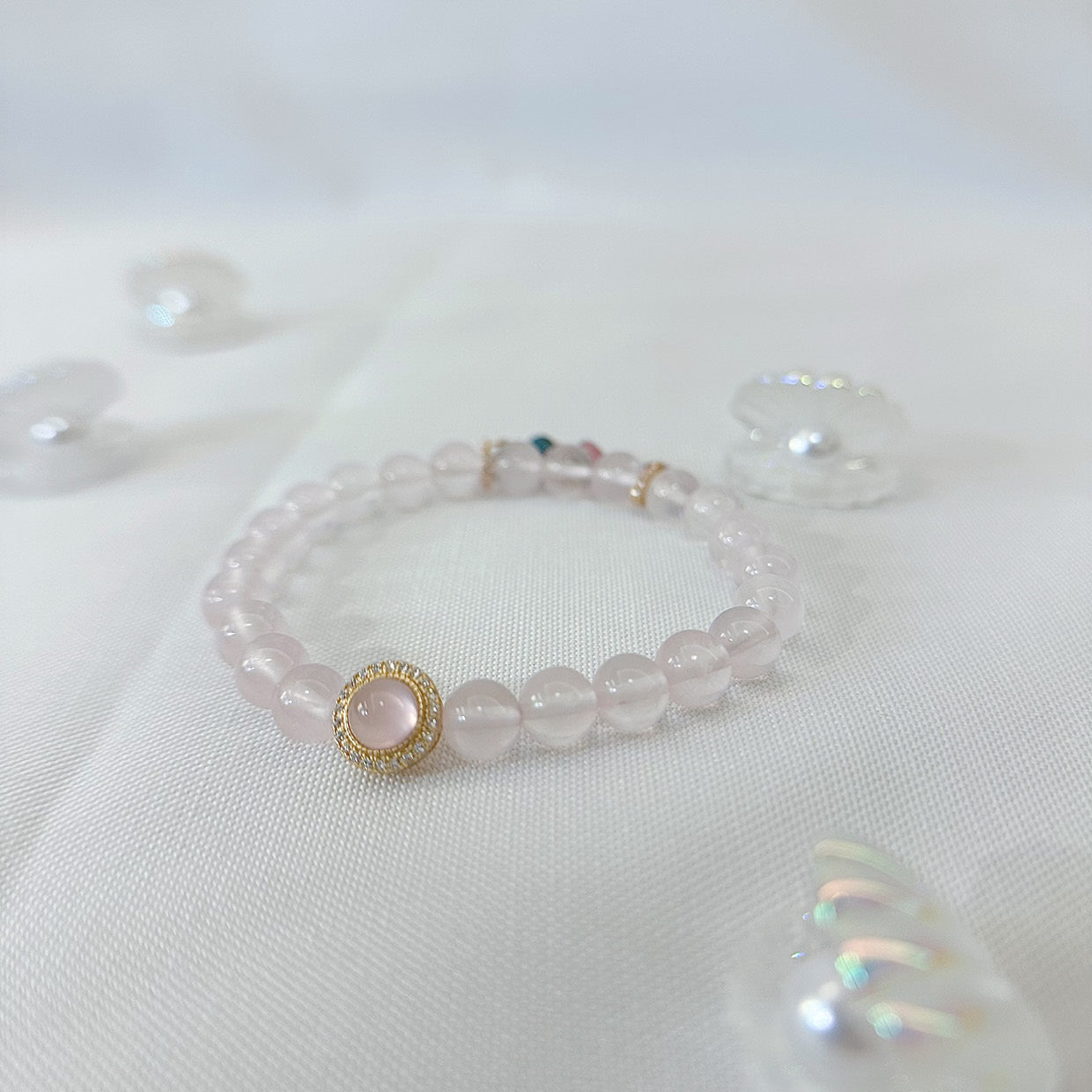 [Trinity of Love Fantasia] Rose Quartz Bracelet with Pink Chalcedony Pendant and Rainbow Tourmaline Extender Chain, 24K gold plated on S925 silver