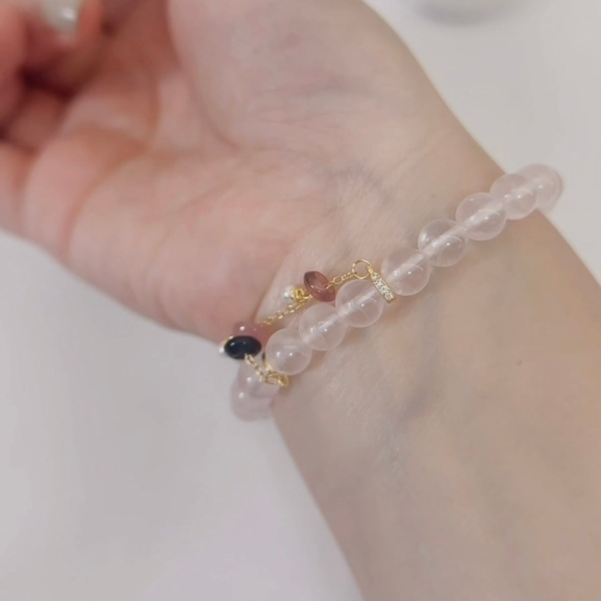 [Trinity of Love Fantasia] Rose Quartz Bracelet with Pink Chalcedony Pendant and Rainbow Tourmaline Extender Chain, 24K gold plated on S925 silver