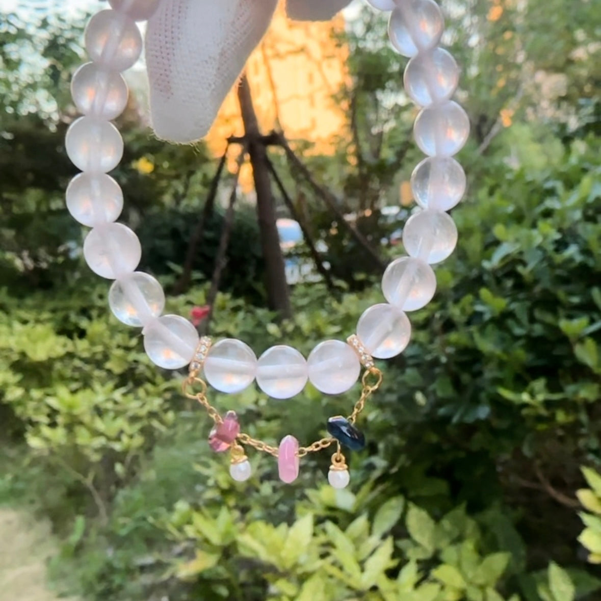 [Trinity of Love Fantasia] Rose Quartz Bracelet with Pink Chalcedony Pendant and Rainbow Tourmaline Extender Chain, 24K gold plated on S925 silver