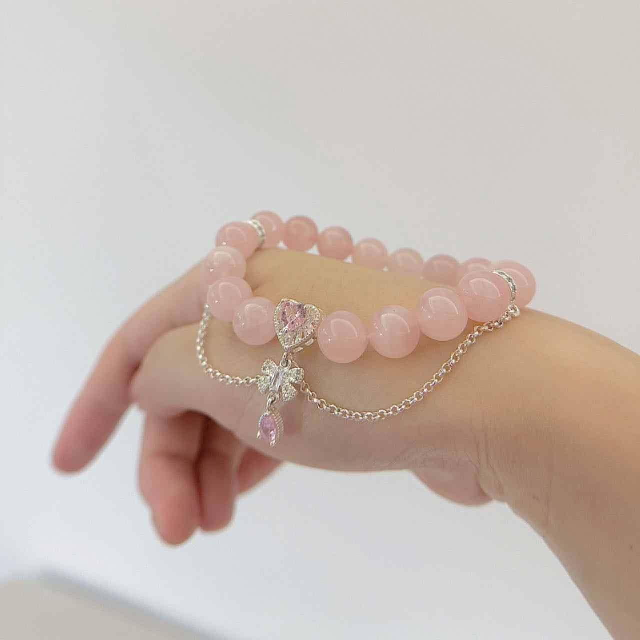 Rococo Diamond Heart Charm Natural  Rose Quartz Bracelet 10mm 5A quality
