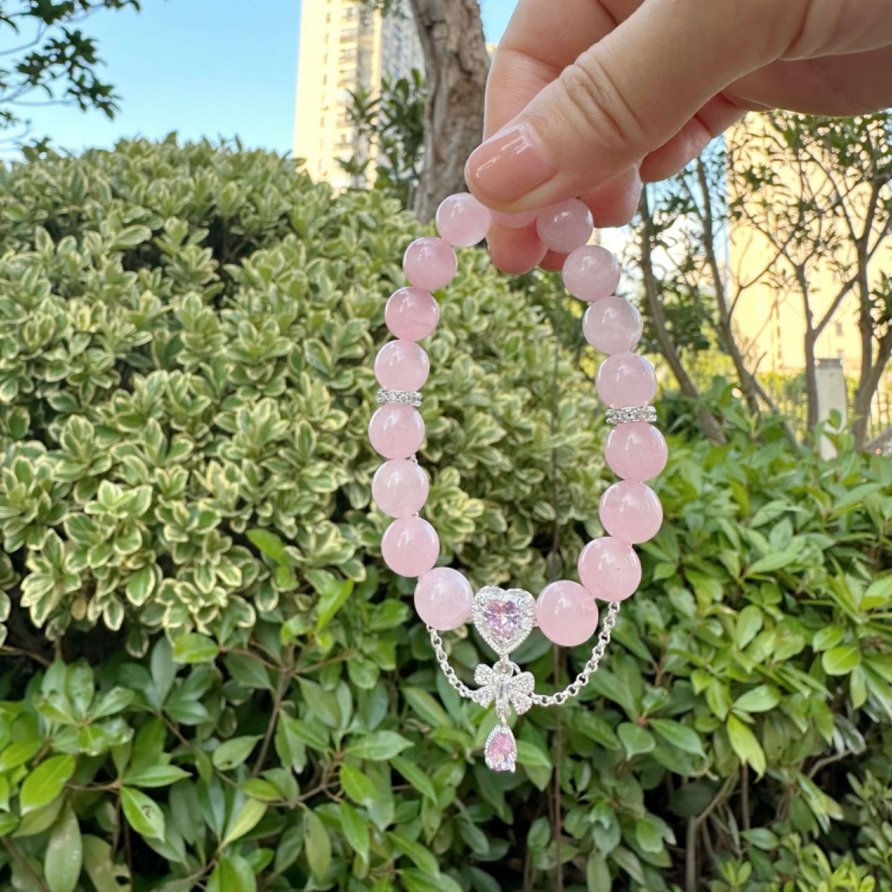 Rococo Diamond Heart Charm Natural  Rose Quartz Bracelet 10mm 5A quality