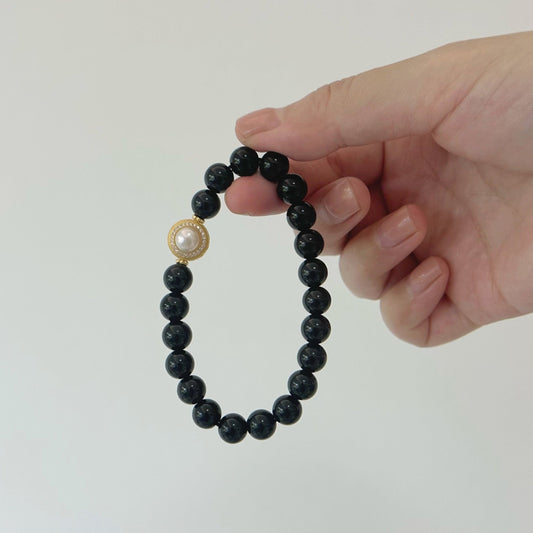 [Pearl of Black Swan] Duo of Obsidian and Pearl Enchantment Bracelet, 24K gold plated on silver
