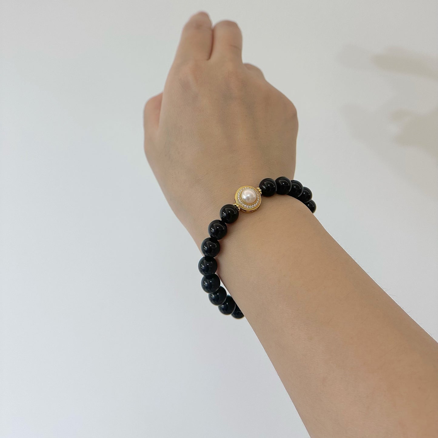 [Pearl of Black Swan] Duo of Obsidian and Pearl Enchantment Bracelet, 24K gold plated on silver