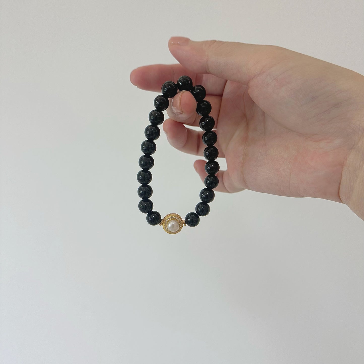 [Pearl of Black Swan] Duo of Obsidian and Pearl Enchantment Bracelet, 24K gold plated on silver