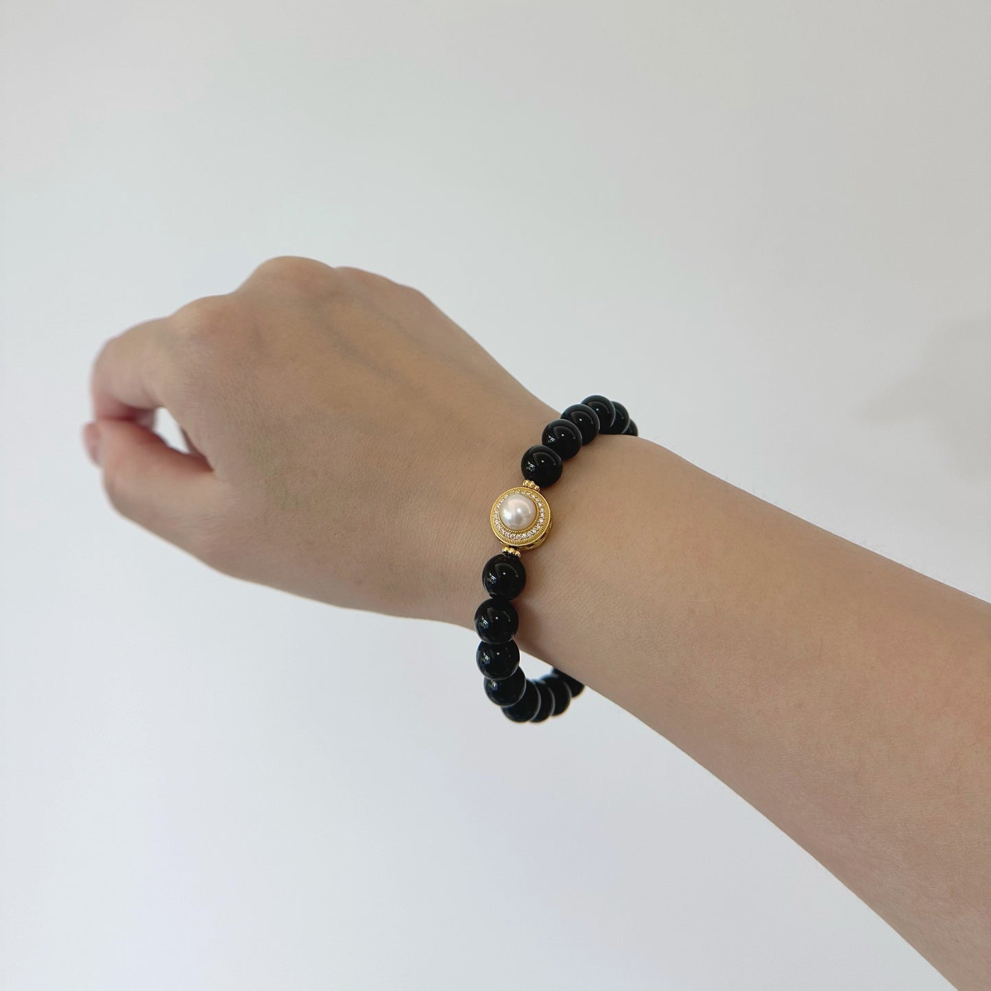 [Pearl of Black Swan] Duo of Obsidian and Pearl Enchantment Bracelet, 24K gold plated on silver