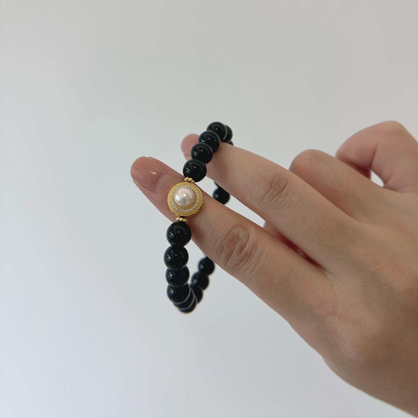 [Pearl of Black Swan] Duo of Obsidian and Pearl Enchantment Bracelet, 24K gold plated on silver
