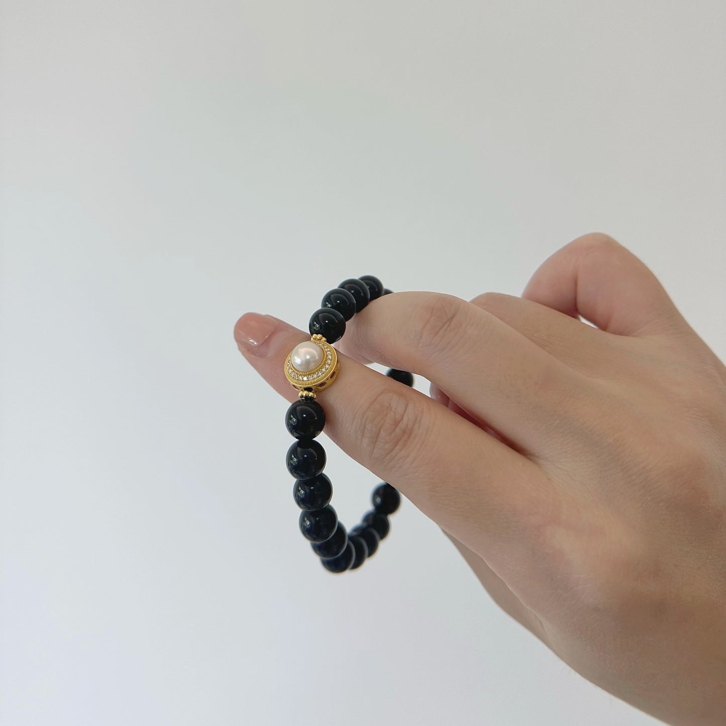 [Pearl of Black Swan] Duo of Obsidian and Pearl Enchantment Bracelet, 24K gold plated on silver