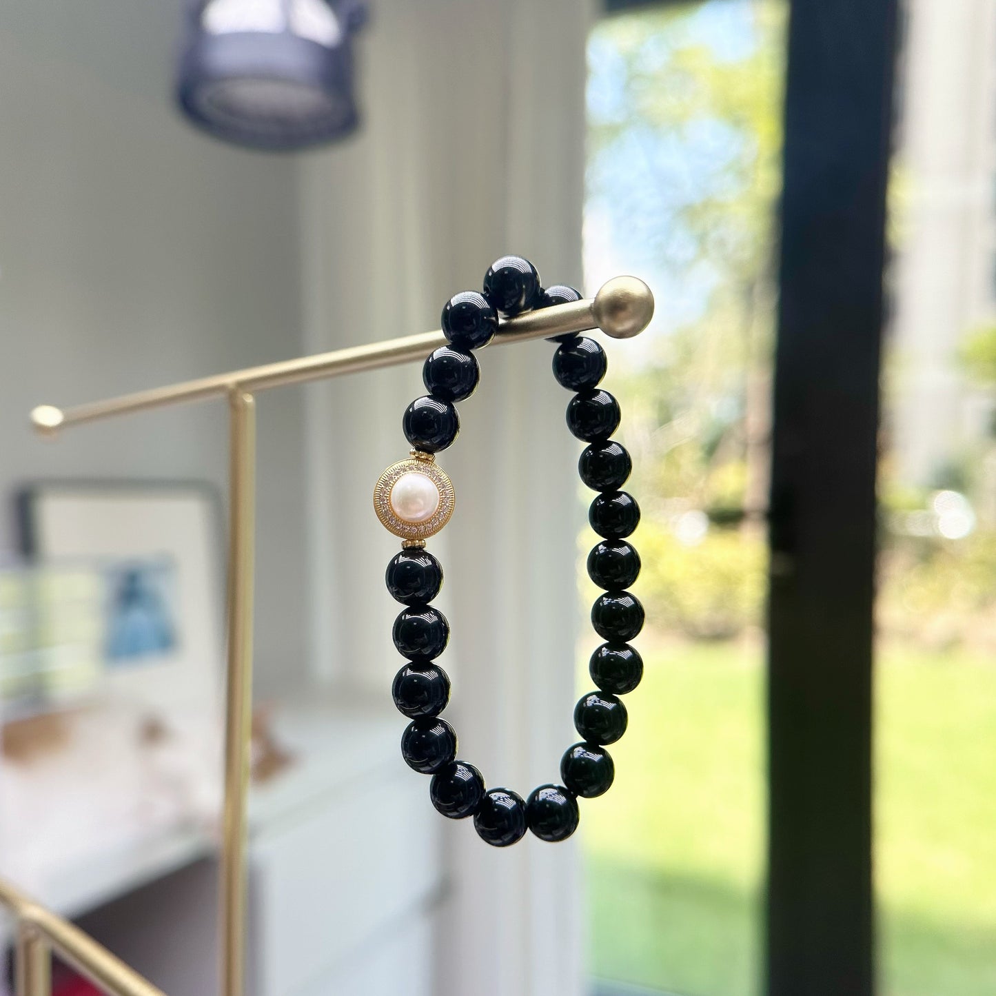 [Pearl of Black Swan] Duo of Obsidian and Pearl Enchantment Bracelet, 24K gold plated on silver