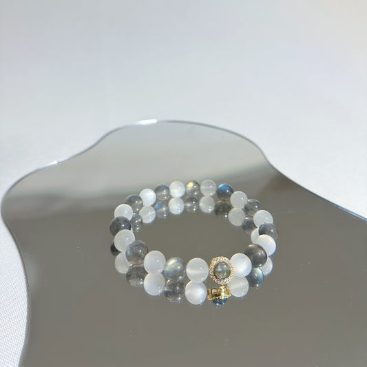 [Rhythm Design] Rainbow Flashy Labradorite 8.6mm and Moonstone Bracelet Aquamarine Pendant 24K Gold Plated on Silver