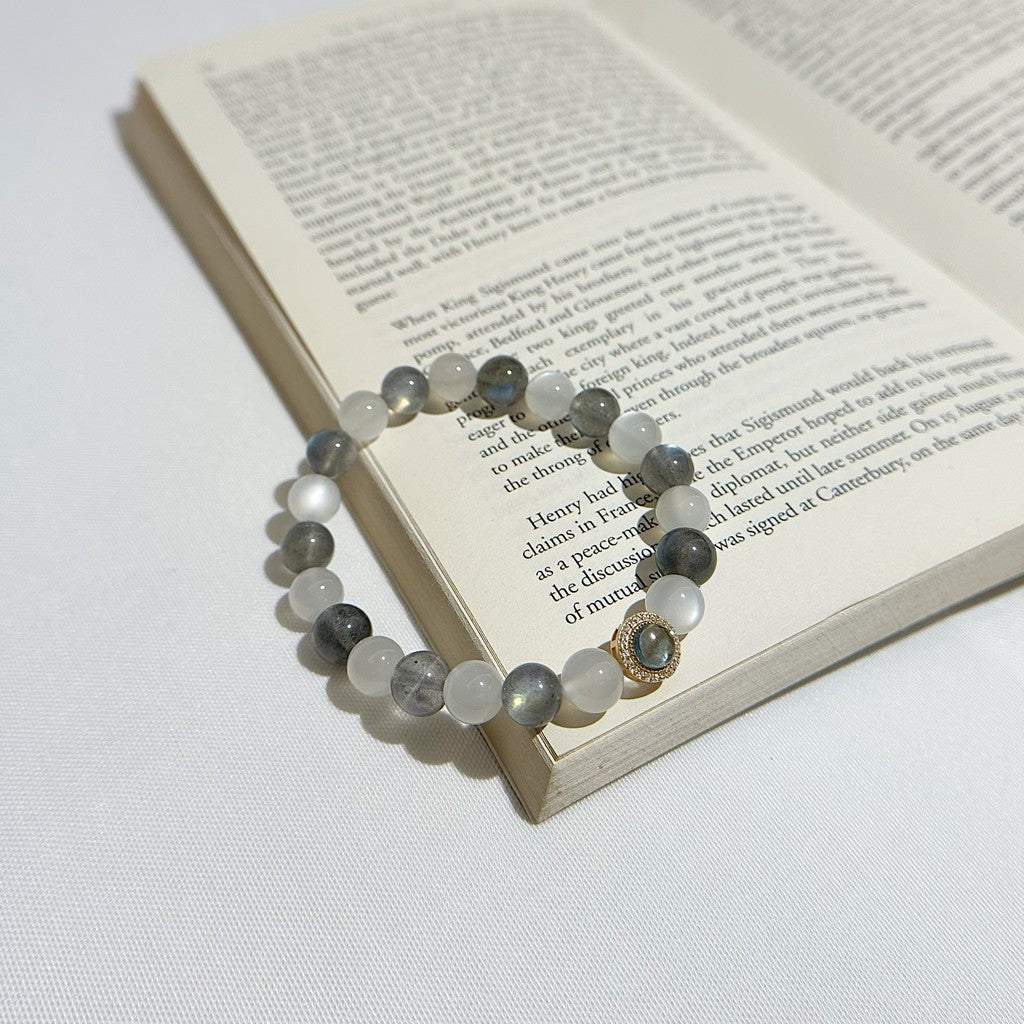 [Rhythm Design] Rainbow Flashy Labradorite 8.6mm and Moonstone Bracelet Aquamarine Pendant 24K Gold Plated on Silver