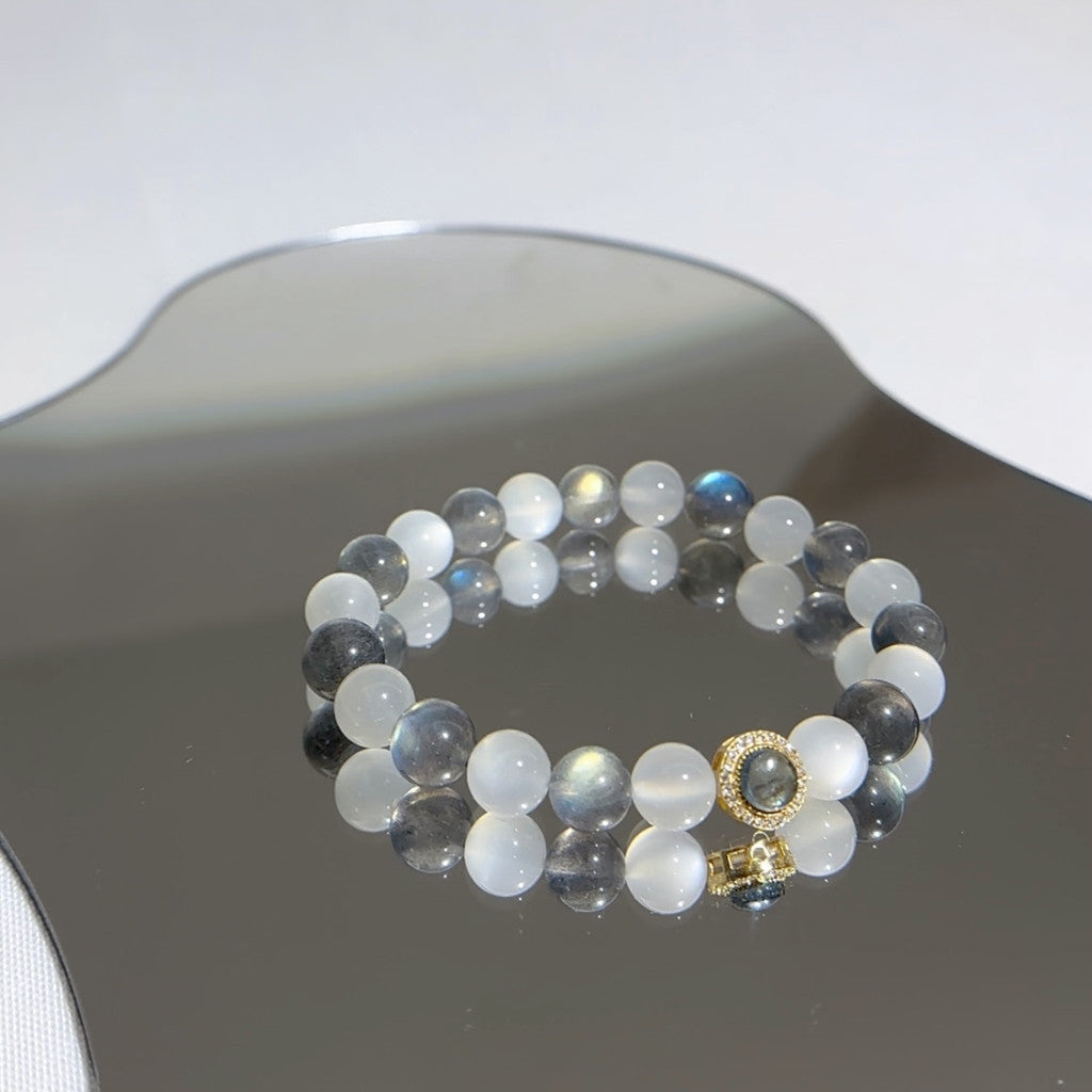 [Rhythm Design] Rainbow Flashy Labradorite 8.6mm and Moonstone Bracelet Aquamarine Pendant 24K Gold Plated on Silver