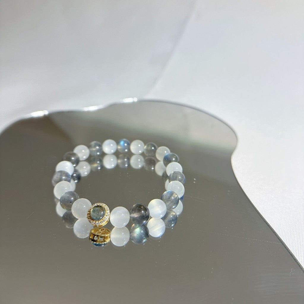 [Rhythm Design] Rainbow Flashy Labradorite 8.6mm and Moonstone Bracelet Aquamarine Pendant 24K Gold Plated on Silver