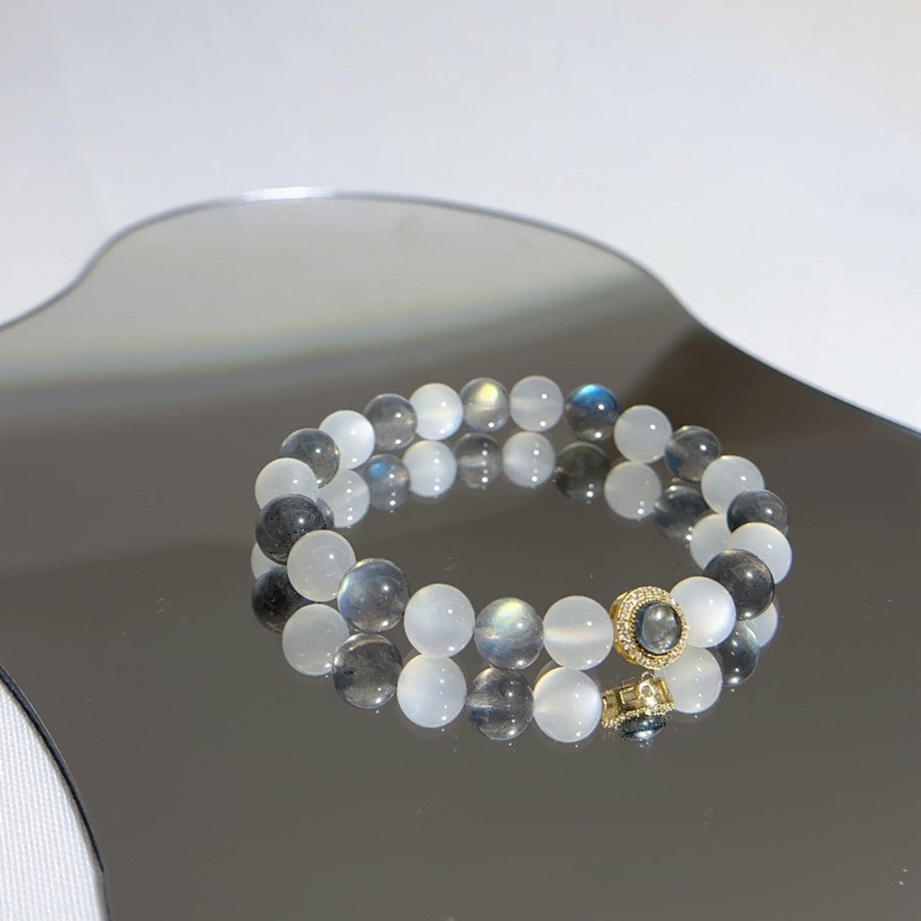 [Rhythm Design] Rainbow Flashy Labradorite 8.6mm and Moonstone Bracelet Aquamarine Pendant 24K Gold Plated on Silver