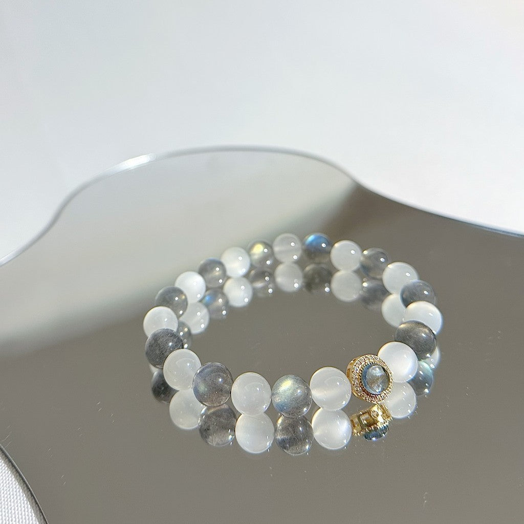 [Rhythm Design] Rainbow Flashy Labradorite 8.6mm and Moonstone Bracelet Aquamarine Pendant 24K Gold Plated on Silver