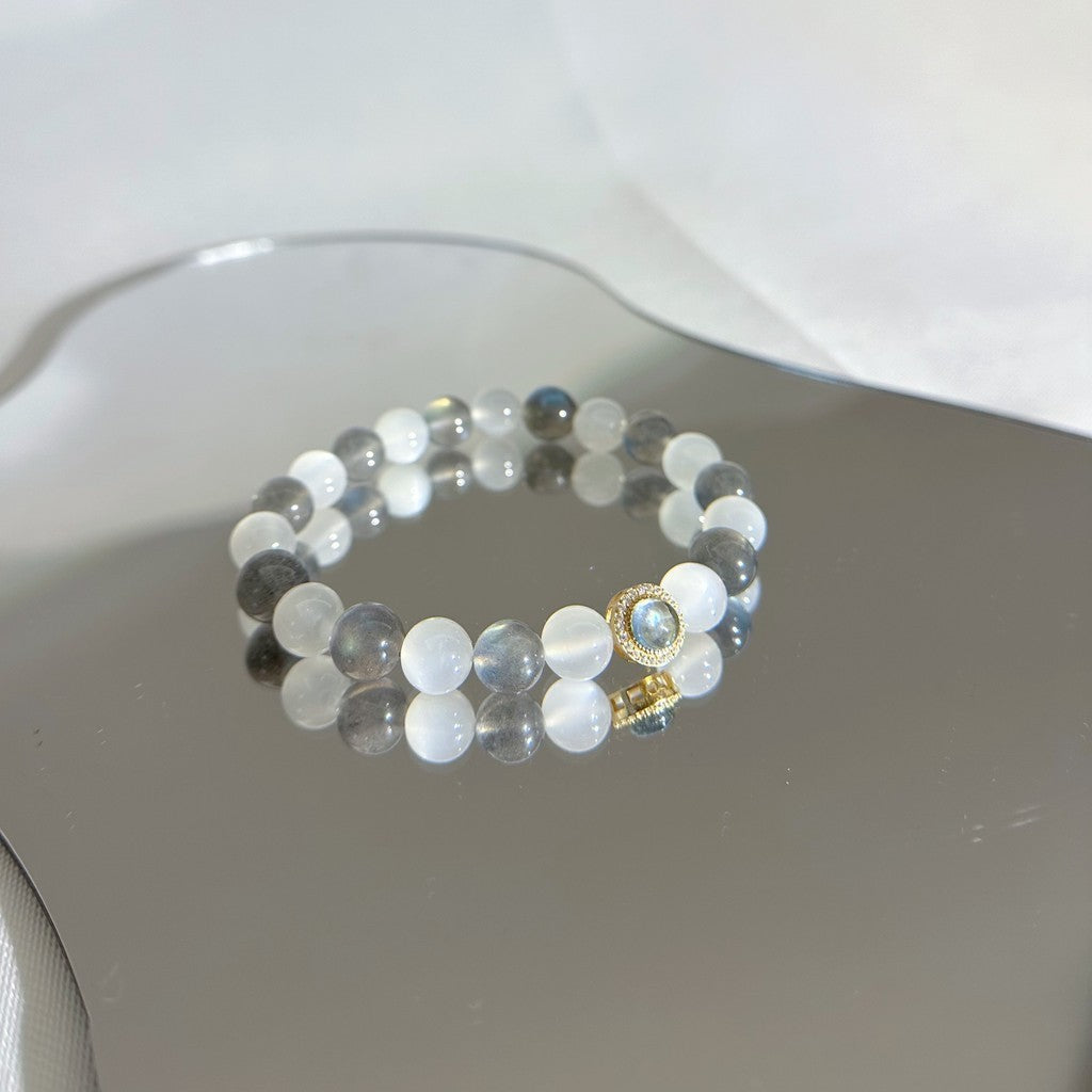 [Rhythm Design] Rainbow Flashy Labradorite 8.6mm and Moonstone Bracelet Aquamarine Pendant 24K Gold Plated on Silver