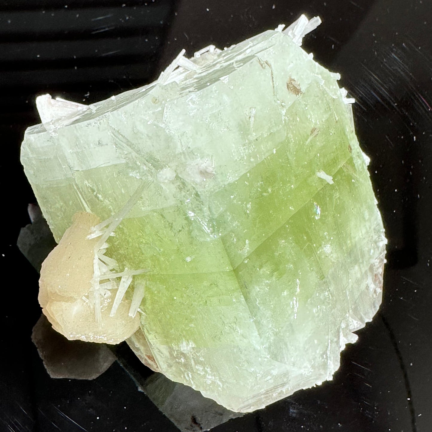 Green and pink apophyllite with calcite specimen