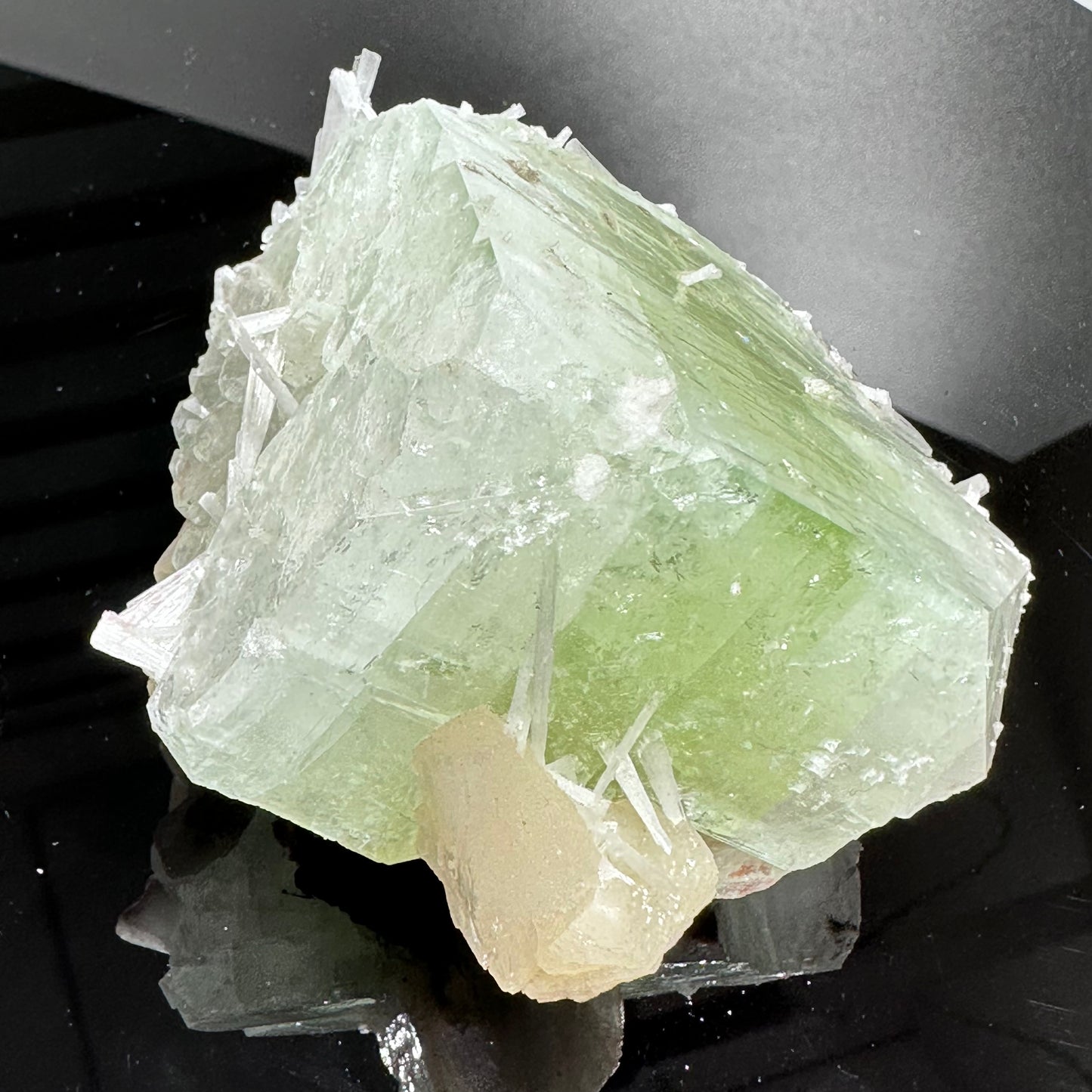 Green and pink apophyllite with calcite specimen
