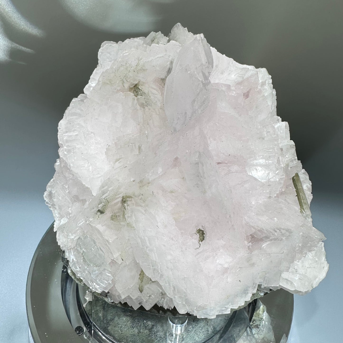 pink calcite with green tourmaline specimen